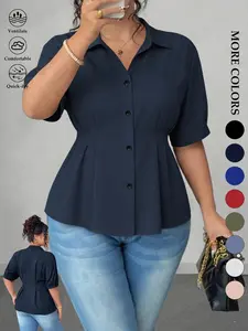 Women's Plus Size Tummy Control Peplum Blouse Short Puff Sleeve Button Down Shirt Fitted V-Neck Solid Black Cinched Waist Pleated Tops Office Workwear Business Casual Elegant Flattering Fit Daily Outfits Old Money Summer Viral