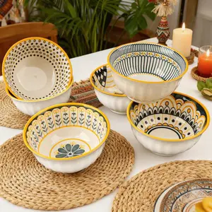 This 6-Piece Ceramic Bowl Set Is A Nordic-Style Tableware Set With Vintage-Patterned Small Bowls, Perfect For Serving Cereal, Soup, Desserts, Snacks, Fruits, And Salads.Microwave, Oven, Refrigerator, And Dishwasher – Ideal For Family Meals And Gifting.