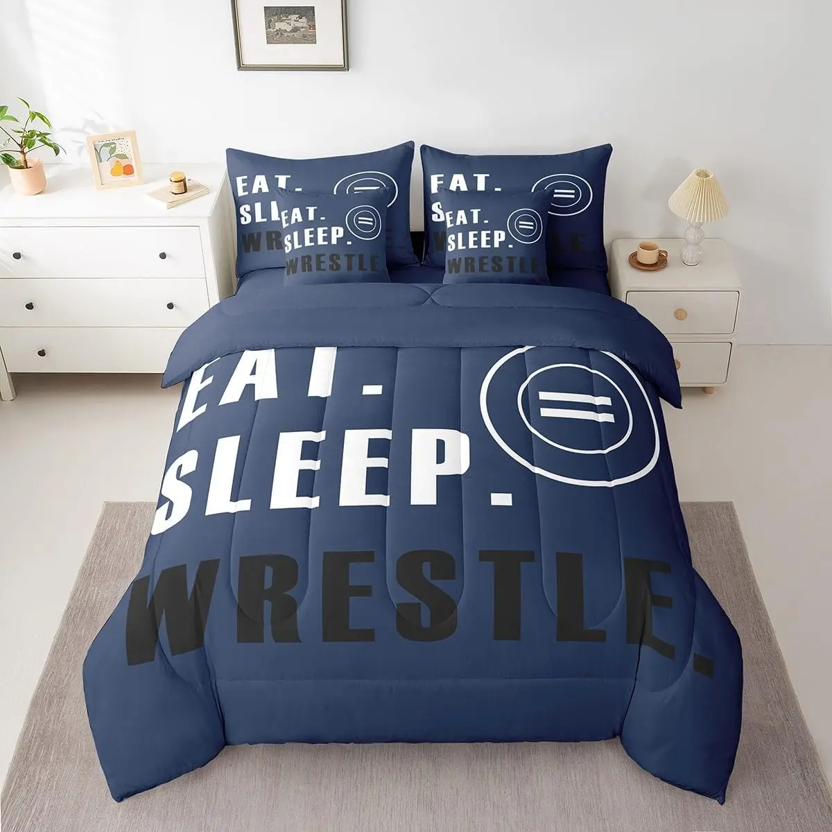 Wrestling Sports Comforter Set with Sheets,Wrestling Sports Theme 7 Pieces Bedding Set,Deep Blue Wrestle Rodeo Bed in A Bag,Wrestle Themed Bed Set