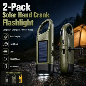 2-Pack: Solar-Powered Hand-Crank Flashlight, USB-Type Emergency LED Camping Light with Clip, Rechargeable Emergency LED Survival Flashlight, Portable Outdoor Flashlight—Ideal for Power Outages, Hiking, Car Repairs, and Survival Gear