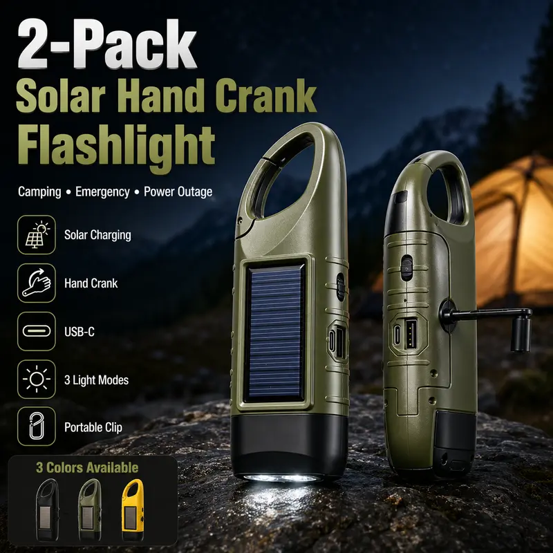 2-Pack Portable Compact ABS Body LED Flashlights with Portable Clip, Solar-Handcrank-USB Rechargeable 2-pack Preparedness Tool, 3 Light Modes, Army Green, for Camping, Power Outage Backup