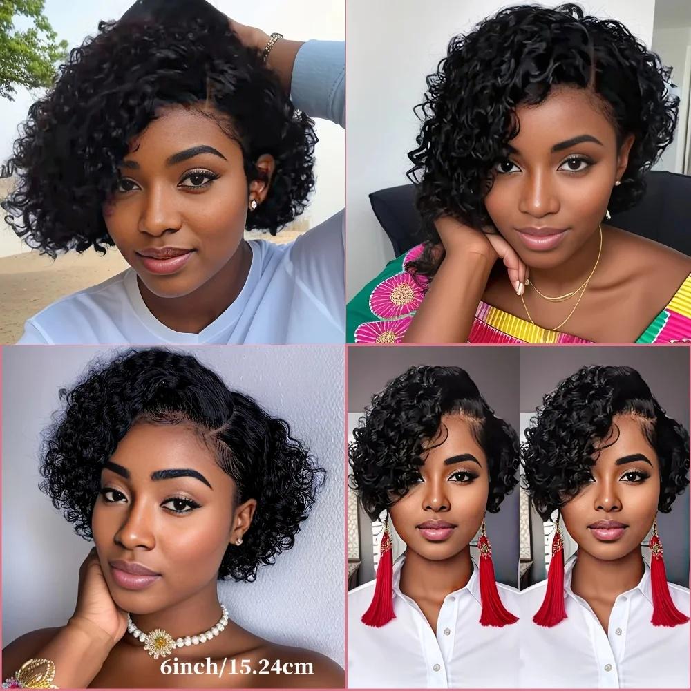 Short Bob Wig Pixie Cut Curly Human Hair Wigs For Women Black Color 13x1 T part lace closure Deep Wave Lace Wig Preplucked Hair