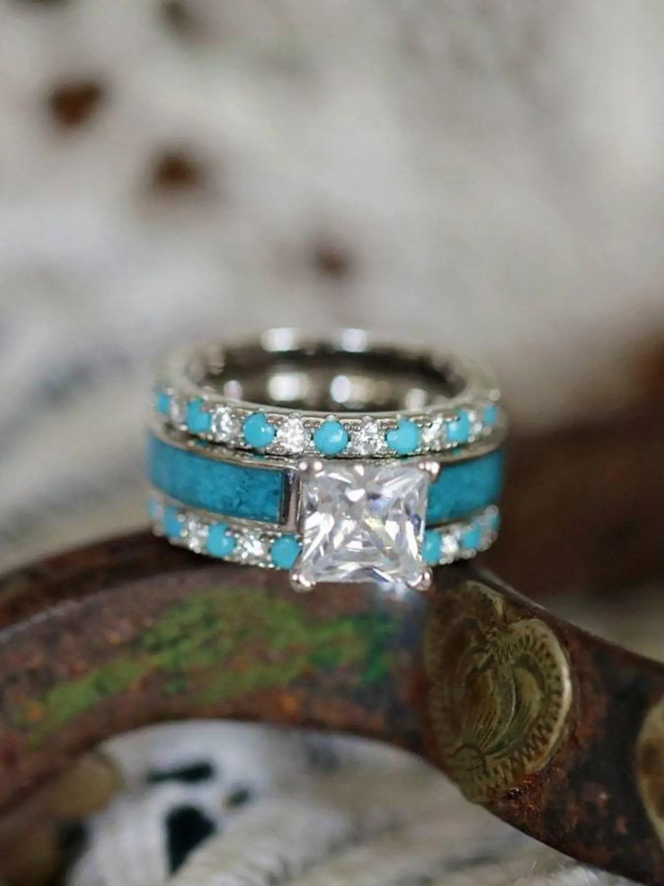 Women's Retro Turquoise & Rhinestone Decor Promise Ring, 2024 Trendy Elegant All-match Dainty Jewelry for Girls Gift, Western Luxury Classic Fashion A