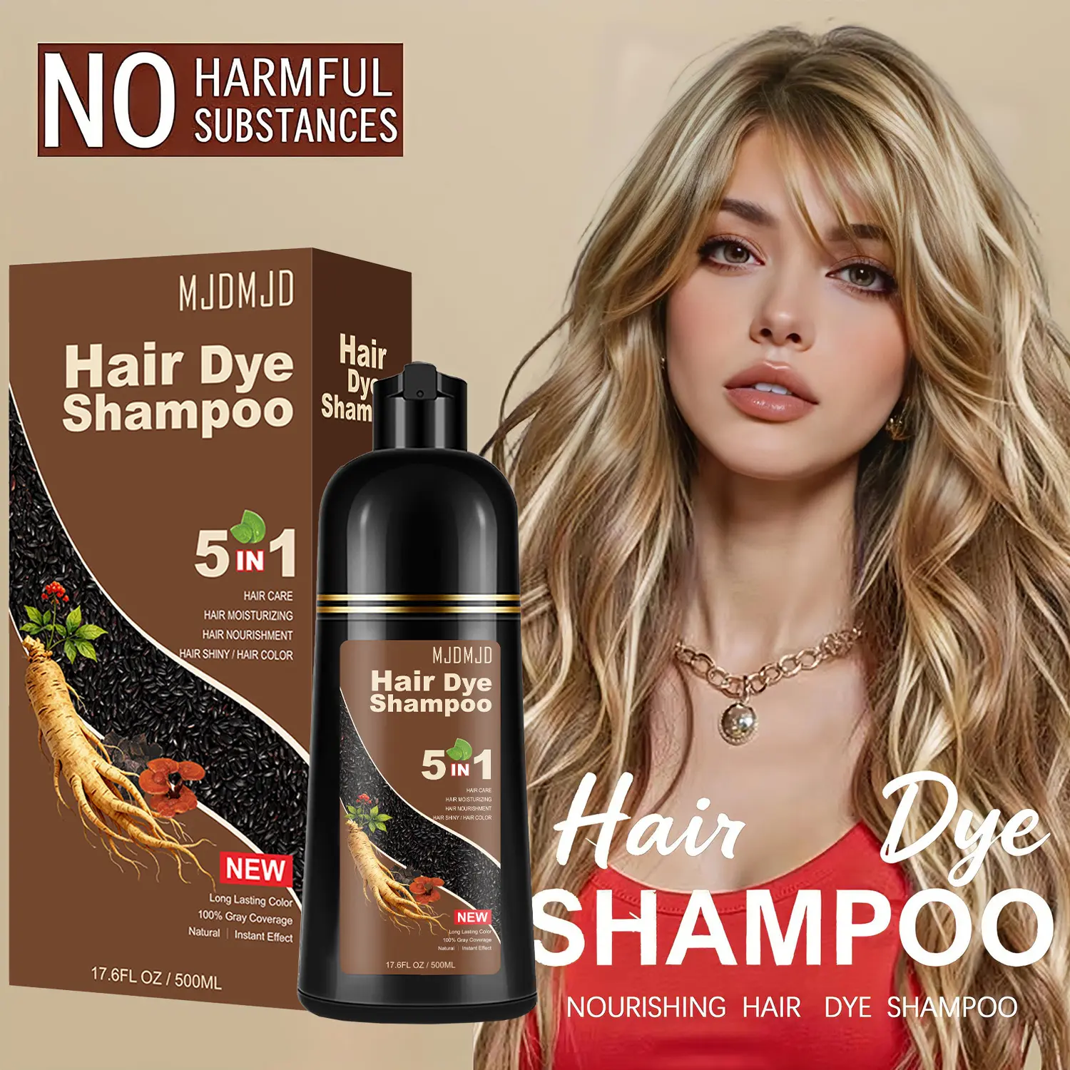 5 in 1 Blonde Brown Hair Dye Shampoo,Instant Hair Color Shampoo with Herbal Ingredients,Long-Lasting Natural & Vibrant Shades for Women & Men,Vegan Ammonia Free Hair Shampoo,Easy At-Home Application 17.6 Fl Oz