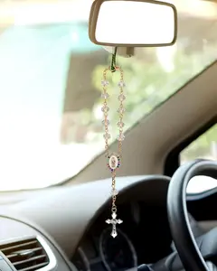 Car Rosary for Rearview Mirror Hanging - Catholic Religious Devout Gift with Virgin Mary Charm and Crucifix, Ideal Catholic Rosary Gifts for Men & Women (Pink)