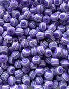 12mm Purple/White Striped Beads, Round, Loose, 0.47 inches, Chunky, Gumball