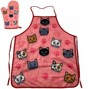 Cat Yarn Kitchen Apron Oven Mitt Funny Pet Cat Kitty Animal Lover (Oven Mitt + Apron) Funny Graphic Kitchenware Bakeware Food  Funny Cat  Novelty Cookware Pink