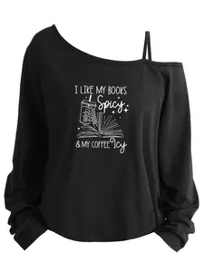 Plus Size Women's Loose-Fit Long Sleeve Cami Top, Asymmetrical Neckline, Letter Print, All Seasons, Sizes 1-8xl