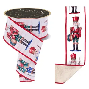 2.5" x 10yd D'Lux Nutcracker Fused Ribbon – Ivory, Emerald, Blue & Red