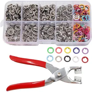 Household Sewing Accessories with 100PCS Metal Buttons, Metal Snap Buttons with Fastener Pliers Press Tool Kit, Five Prong Buckle Set, 100PCS Invisible Colored Metals Buckle & Manual Pressure Pliers Kit`
