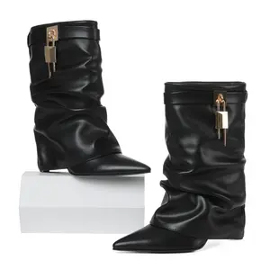 Fold Over Slouchy Boots For Women Pointed Toe Block Heel Pull On Padlock Fashion Dress Party Date Wedding Boots