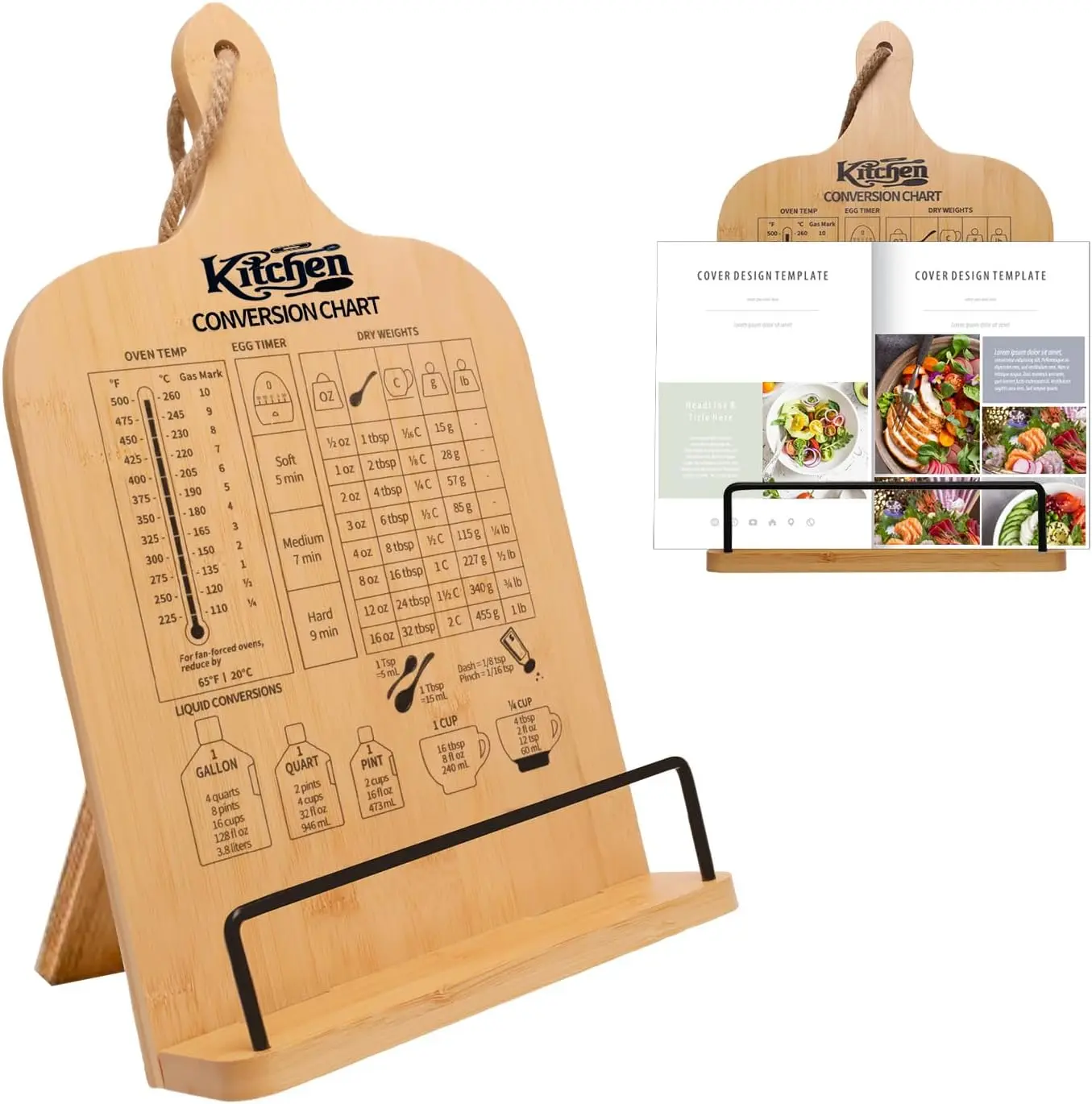 Bamboo Adjustable Foldable Copyholder with Measurement Conversion Chart for Kitchen Counter & Desk Organization