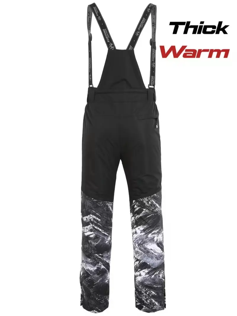 Men’s autumn/winter patchwork print webbing ski pants; thickened, warm outdoor ski pants; cold-weather mountaineering one-piece webbing cargo pants; windproof, waterproof design; multifunctional webbing pants.