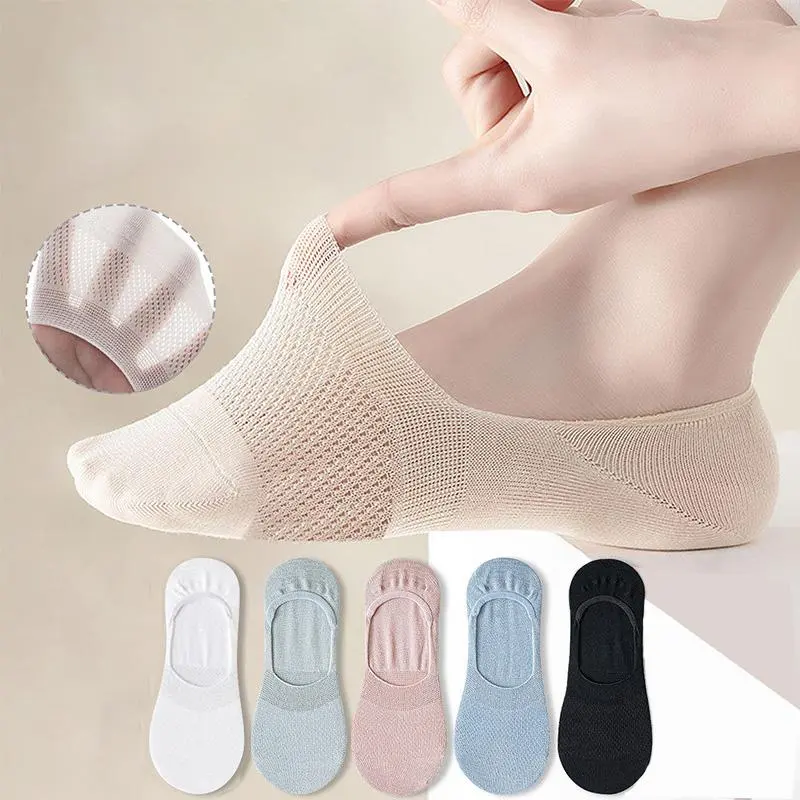 Women's 5-Pack Plain Rib-Resistant No-Show Liner Sock Sets, Thin Polyester Blend Casual Comfy Non-Slip Breathable Socks, Casual Comfy Socks, 5 Pairs