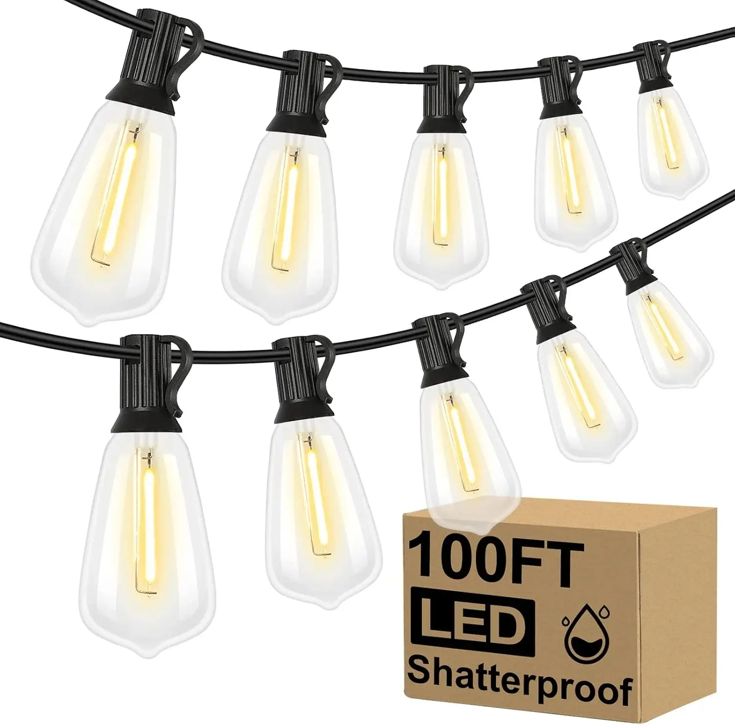 100+10FT LED Outdoor String Lights, Patio Deck Lights with 50+2 Shatterproof ST38 Edison Bulbs, Dimmable Warm White Waterproof Outside Hanging Lights