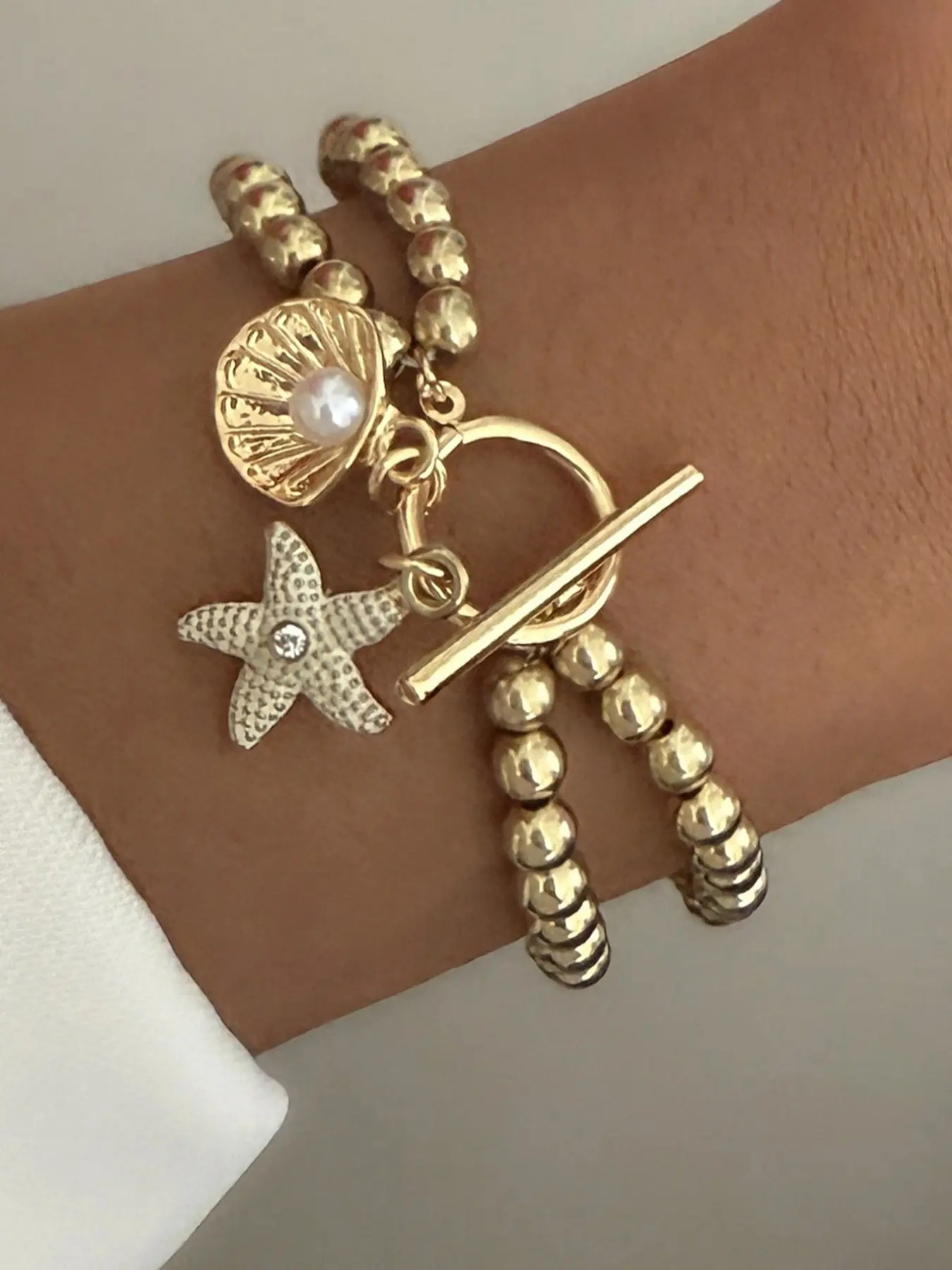Women's Multi-Layer Shell Starfish Bracelet, Ccb Beads Jewelry, Beaded Bracelet, Beach Vacation Party Wear, Fashion Accessories, Stackable Bracelets, Beaded Charm Bracelet, Double Layered Bracelets