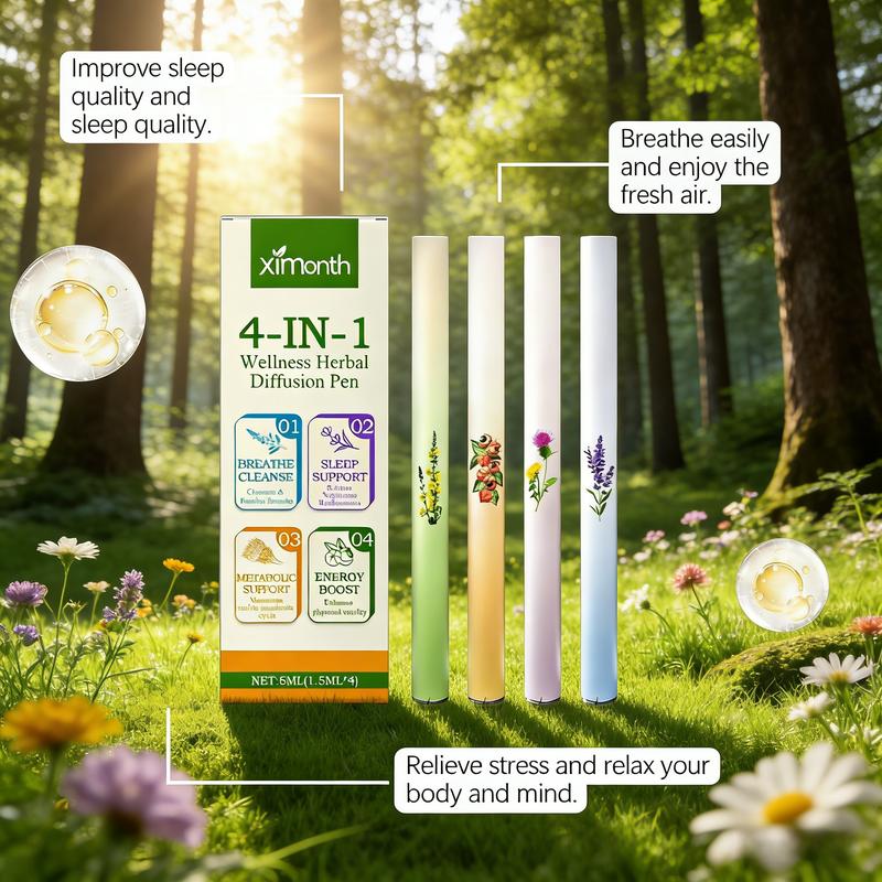 XIMONTH 4-IN-1 New Wellness Herbal Diffusion Pen Thyme &Mint Extracts for Lung Detoxification Oral Air FresheningRelaxation Stick Solution