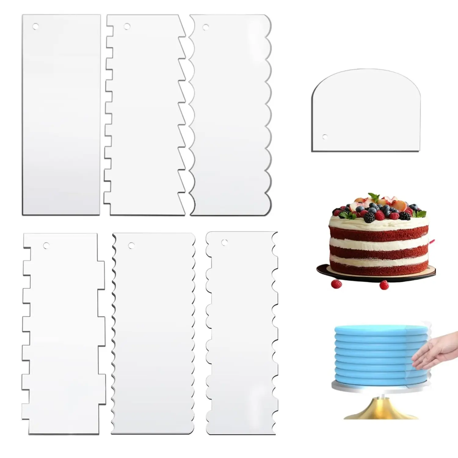 9.5" Thick Transparent Plastic Cake Scraper Set Pack (7Pcs) - Bakeware Cake Tools with Smoother, Stripes Edge Contour Comb, Frosting Aid for DIY Icing Buttercream Mousse Pastry Decorating, Home Improvement Kitchen Tool