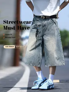 Men's Summer Thin Denim Seven-Point Pants, High Street Lightning Pattern, Loose Fit Casual Wide Leg Shorts, Fashionable Brand Clothing