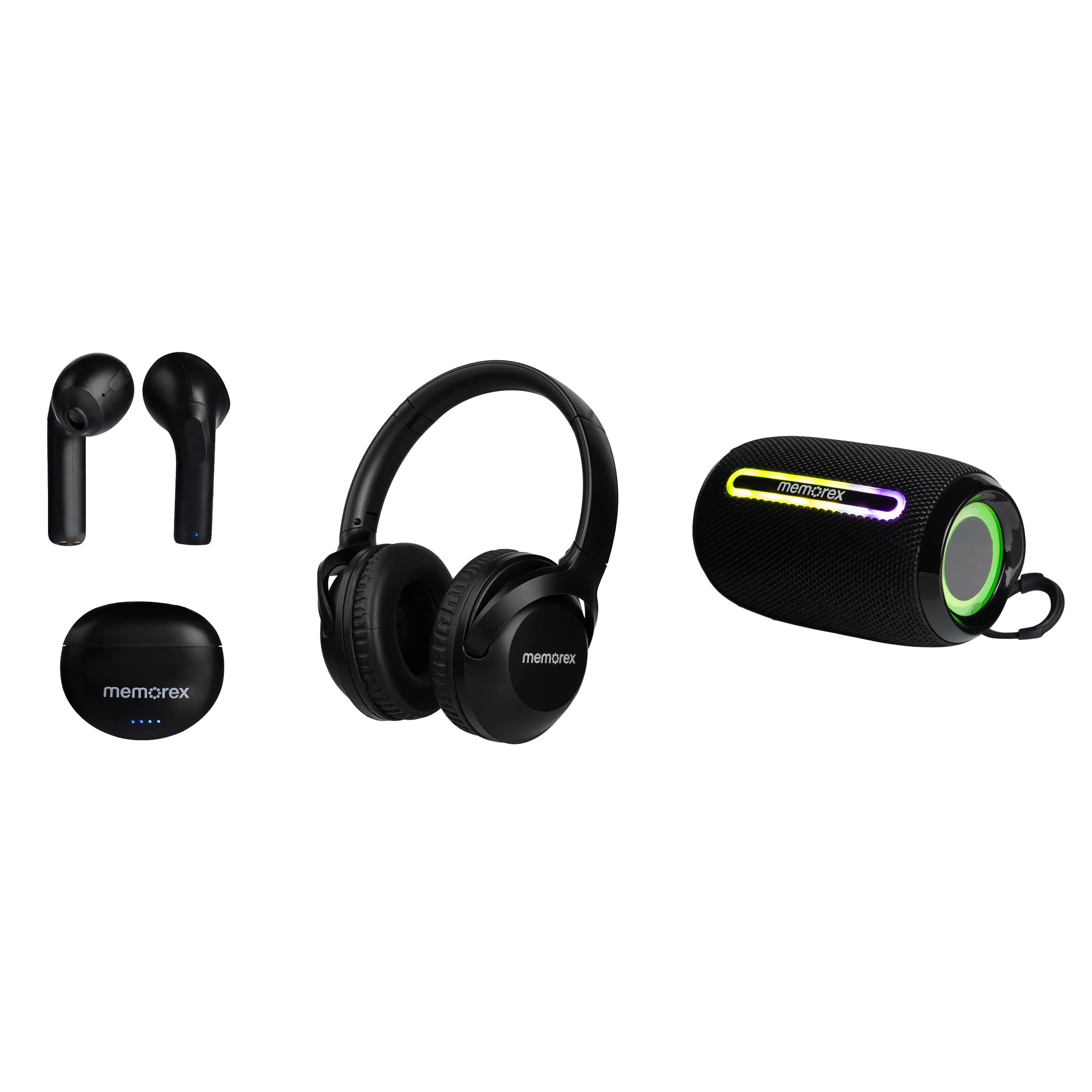 Memorex 3-in-1 Wireless Audio Bundle: Headphones, True Wireless Earbuds & Bluetooth Speaker