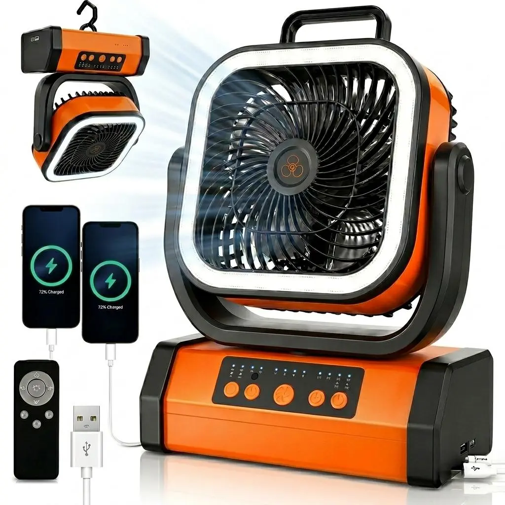 Rechargeable Camping Fan 30,000mAh Battery & LED Light - 360° Rotatable Hook, Portable Outdoor Camping Emergency Fan — Ideal for Soccer Moms, Tents, RVs, Construction Sites, Fishing, Power Outages, and Hurricane Emergencies  outdoorfun summervibes summerv