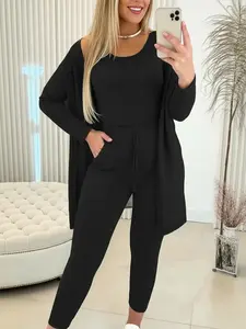 Women's Three-Piece Casual Set, Comfortable Knit Cardigan, Slim Fit Tank Top, High Waist Pocket Pants, Soft Spring Fall Winter Home Wear
