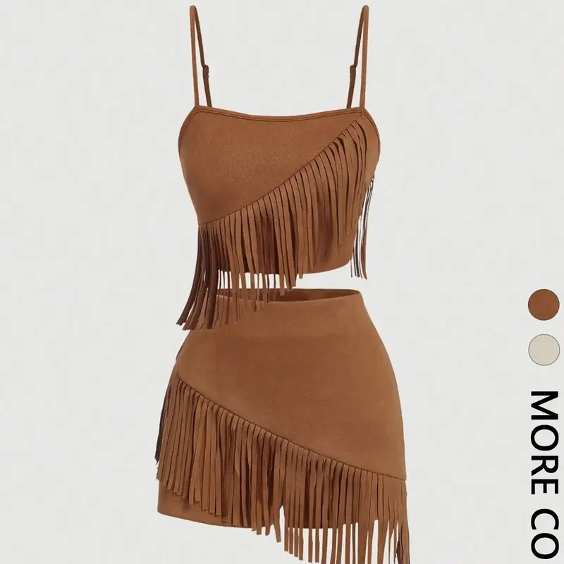 Adjustable Strap Fringe Outfit, Western Spaghetti Strap Sleeveless Cami & Short Skirt Matching Set, Casual Beach Set, Fashion Sets, Womenswear