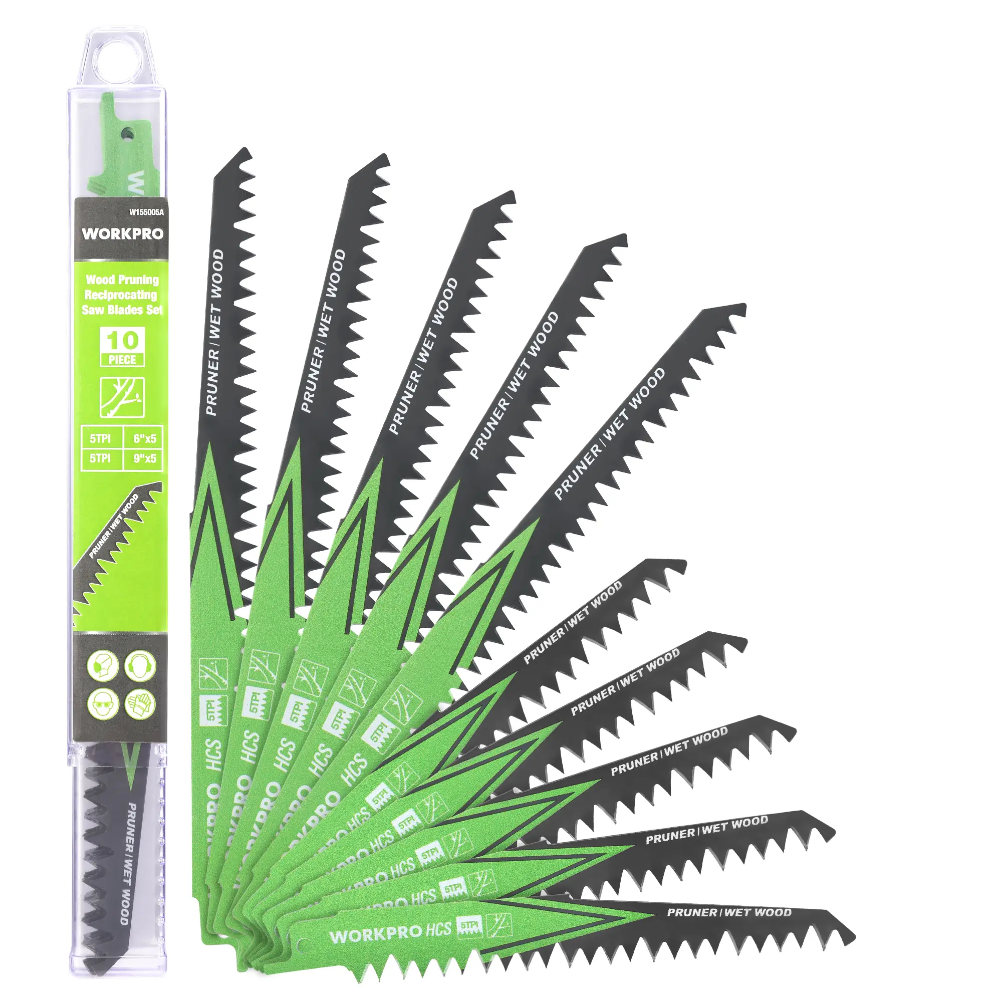 WORKPRO Wood Pruning Reciprocating Saw Blade Set, 6" & 9", 5TPI, 10-Pack | High Carbon Steel Pruning Saw Blades for Tree Pruning and Wet Wood Cutting, Organizer Case Included