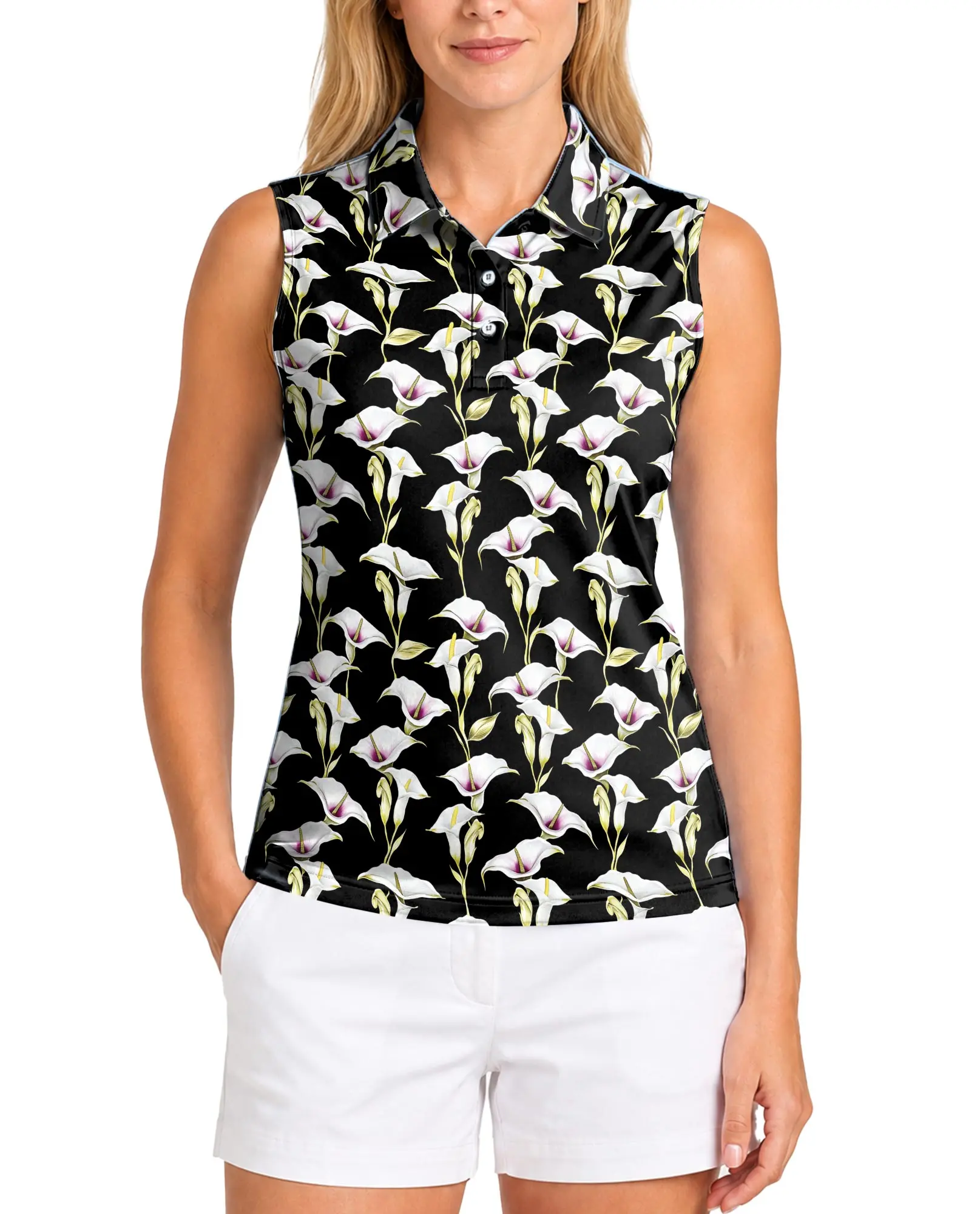 Calla Lily Sleeveless Polo Shirt Women Black Floral Golf Top Casual Summer Shirt