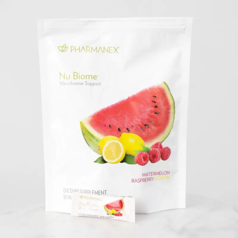 Pharmanex Nu Biome Microbiome Support Watermelon Raspberry Flavor Pre & Postbiotic Blend with Caffeine  for Digestion Health or Caffeine Free