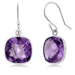 Gem Stone King 925 Sterling Silver Amethyst Drop Dangle Earrings For Women | 10.00 Cttw | Gemstone Birthstone | Cushion Checkerboard 11MM