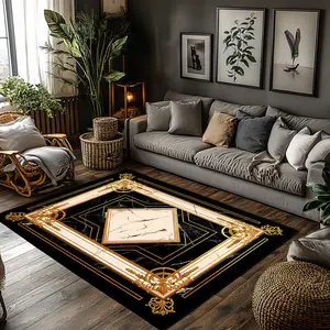 Black Marble Gold Baroque Border Crystal Velvet Area Rug Non‑Slip Luxury Modern Living Room Rug Geometric Graphic Rug#BlackMarbleGoldBaroqueRug #OrnateBorderRug #ElegantHomeDecor #GeometricFrameCarpet #CrystalVelvetRug