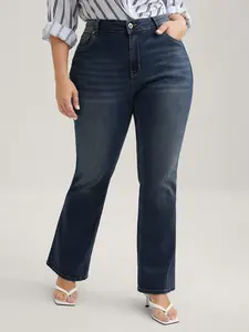 【High Stretch】BLOOMCHIC Bootcut Jeans for Women - Mid Rise, Medium Wash, Fitted, Elegant Everyday Style, Blue Denim, Non-Pocket, Open Front Closure - Womenswear