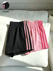 2-Pack Multicolor Women's Side Stripe Elastic Waist Casual Summer Shorts, Loose-Fitting Camo Pattern, Comfortable Short Pants for Daily Wear Striped