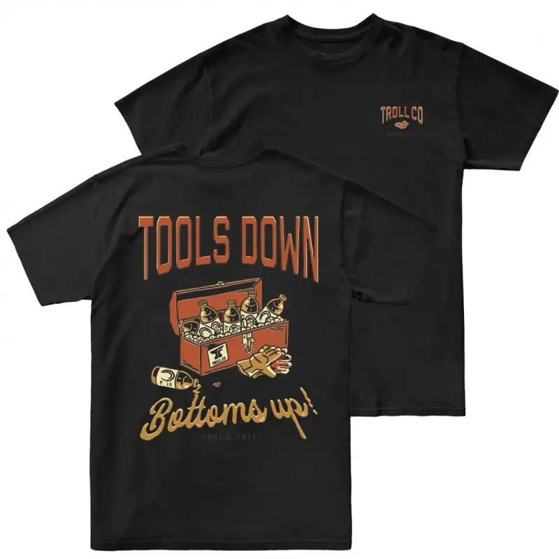 Troll Co Tools Down Bottoms Up Double-Sided Pattern T-Shirt, Vintage Toolbox Beer Drinking Illustration T-Shirt, Soft Cotton Blend Shirt, Blue-Collar Workwear Street Fashion Lifestyle Clothing, Unisex, Gift for Workers