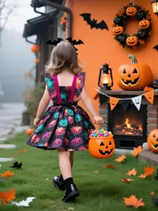 （ Only dress ）Girls' Halloween Pumpkin Costume Dress Kids Bow Princess Party Floral Fitted Role Play Ball Gown for All Seasons