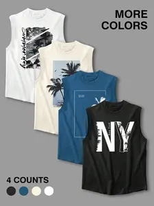 Palm Tree Tropical Vacation Sleeveless Tank Set, Graphic, American Casual Style Oversized Vest, Multi-Color Options, Breathable Tank Top, Sleeveless Tank Tops, Ideal for Beach Getaways, Daily Outings, Summer Relaxed Vibe, Four-piece set, Nightwear