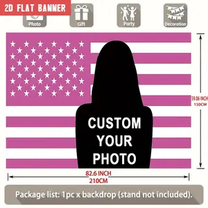 2D Flat, 2D Flat Banner, 1pc Custom Photo & Name Text Backdrop with Pink American Flag Design, Star Pattern, Red/White/Blue Photo Background for Wedding, Birthday, Indoor Decor. Durable Polyester, Easy-Install, 90.5x70.8inch Polyester Banner., 2D