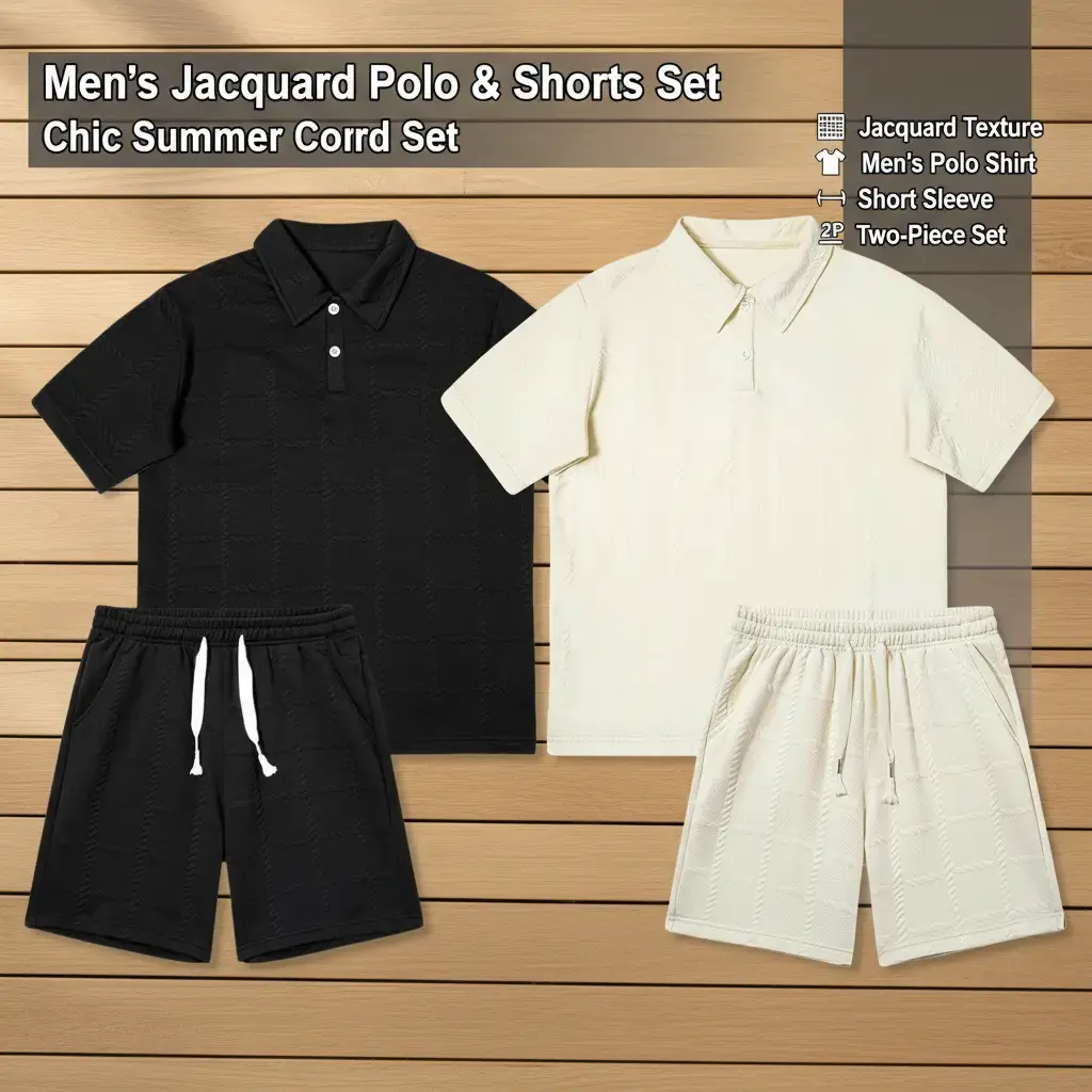 Men's Jacquard Textured Polo Shirt Shorts 2 Piece Outfit Set Casual Summer Matching Co Ord Set