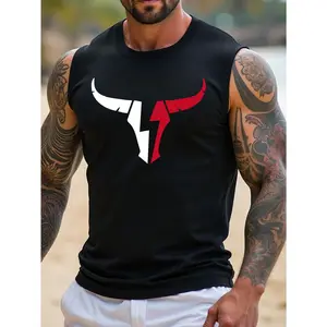 Men's Sleeveless Vest, Casual Sports Wear With Ox Horns Animal Print, Streetwear & Gym Tanks For Summer, Black