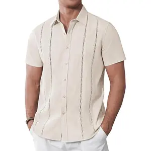 Men's Cuban Guayabera Shirts Cotton Linen Short Sleeve Button Down Shirts Casual Summer Beach Camp Shirt Top Menswear Beige Tropical