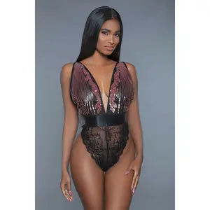 1 Pc. Cut-out Lace Bodysuit Lingerie With Raspberry-pink Sequins