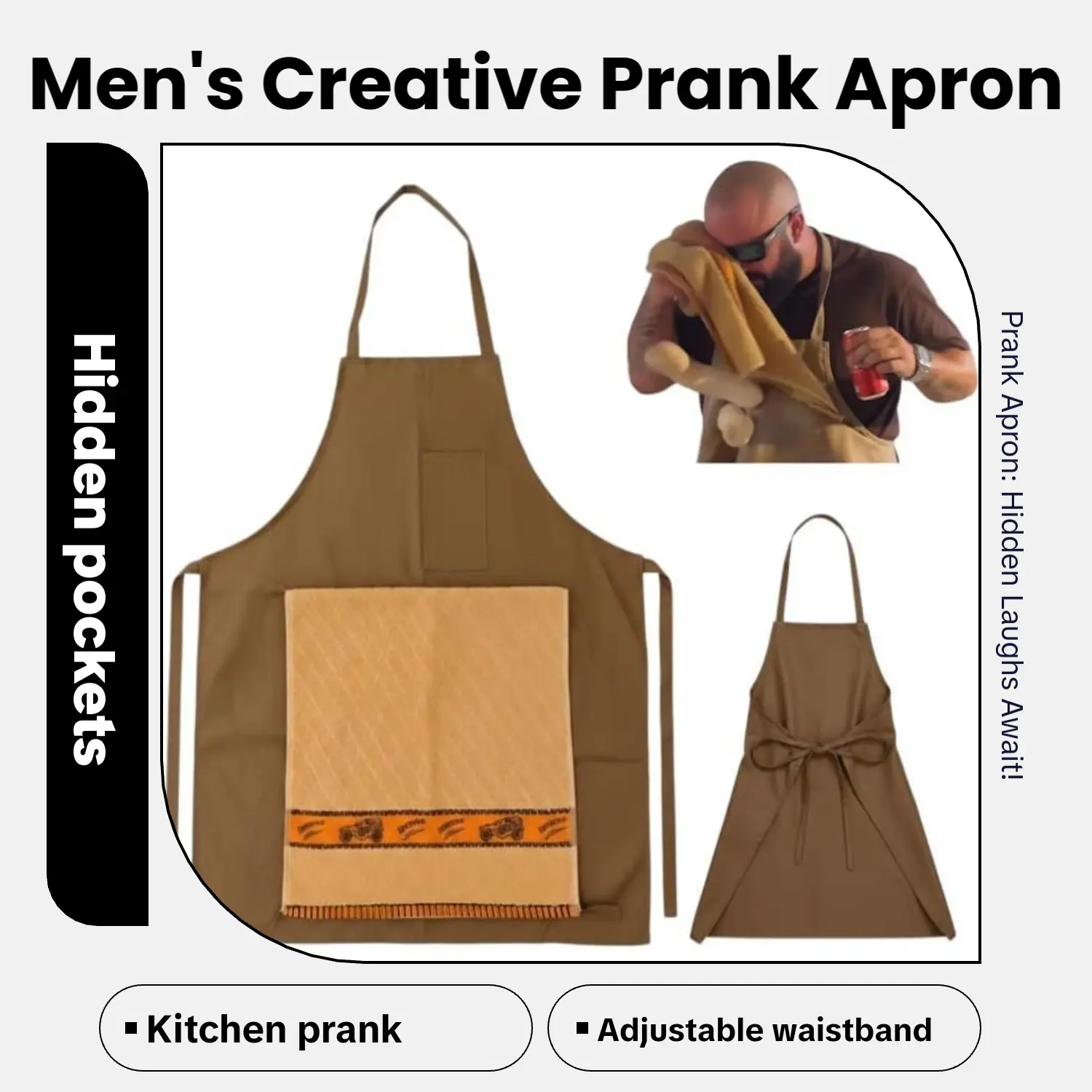 Men's Funny Prank Apron with Hidden Surprise Zip Pockets, Comfortable Lightweight Fabric & Adjustable Waistband - BBQ Party Gag Gift for Father