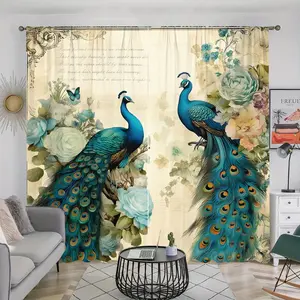 Peacock Pattern Door Curtain, 2 Counts/set Retro Style Door Curtain, Home Decorative Curtain for Living Room Bedroom Kitchen Wardrobe Study
