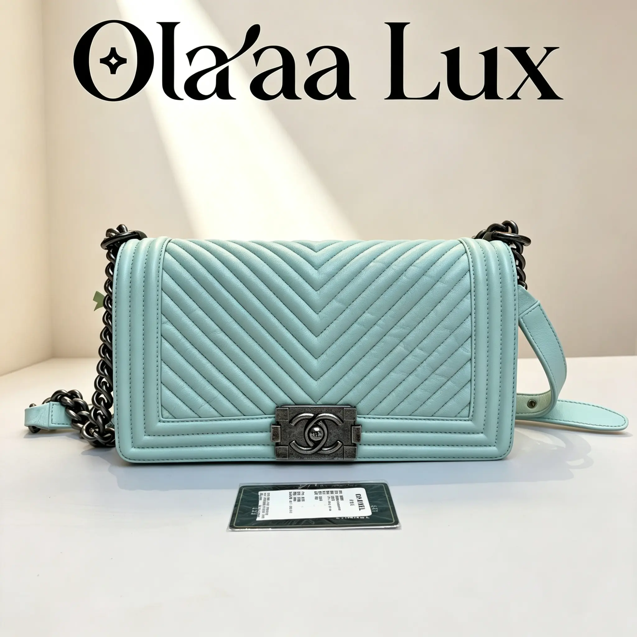 Pre-owned CHANEL Mint Green V Chevron Boy Bag, Vintage Gunmetal CC Lock Thick Metal Chain Crossbody Purse with BrandC13345663904