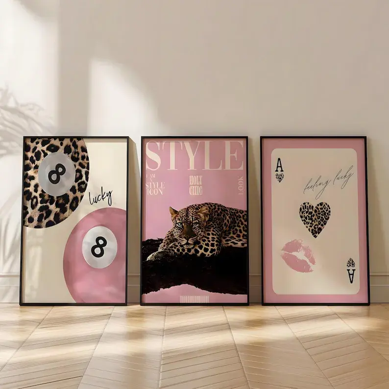 Coquette Wall Art Set of 3 Pink Leopard Print Posters, Lucky 8 Ball Print (Digital Download)