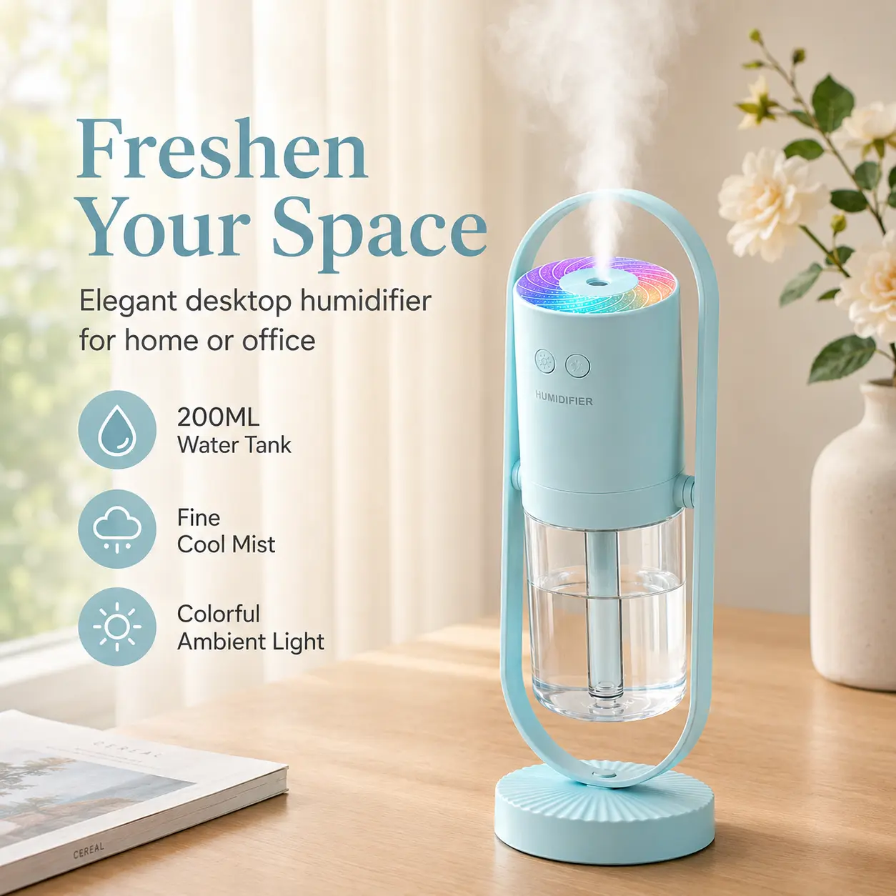 200ML Blue Mini Cool Mist Humidifier - RGB Colorful Ambient Light, 1-Touch USB Portable Desktop Humidifier for Bedroom, Office, Dry Air Relief