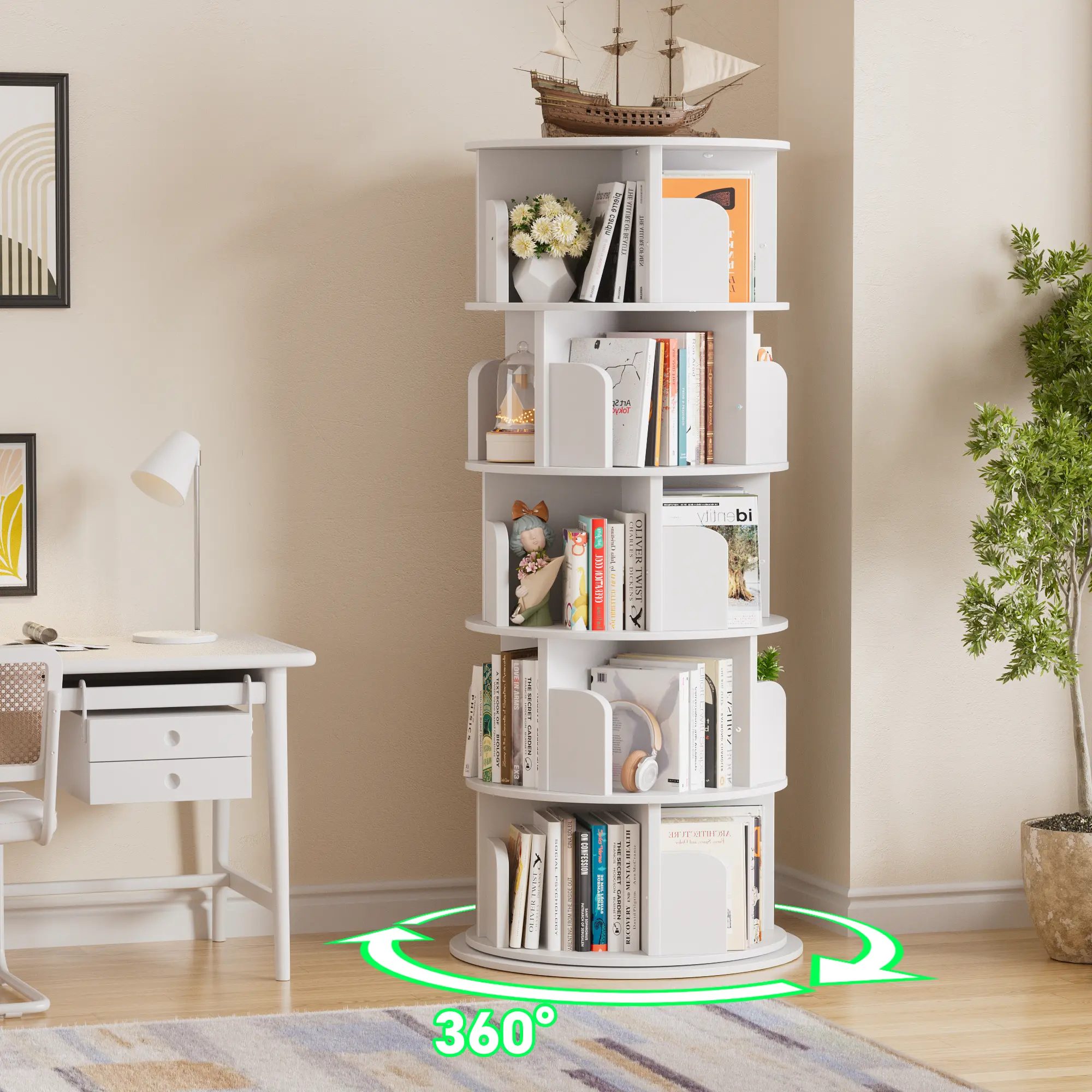5 Tier Rotating Bookshelf, 360 ° Display Wood Spinning Bookshelf Tower, Floor Standing Bookcase Storage Rack, Revolving Bookcase Corner Bookshelfs for Small Space, Bedroom, Study Room