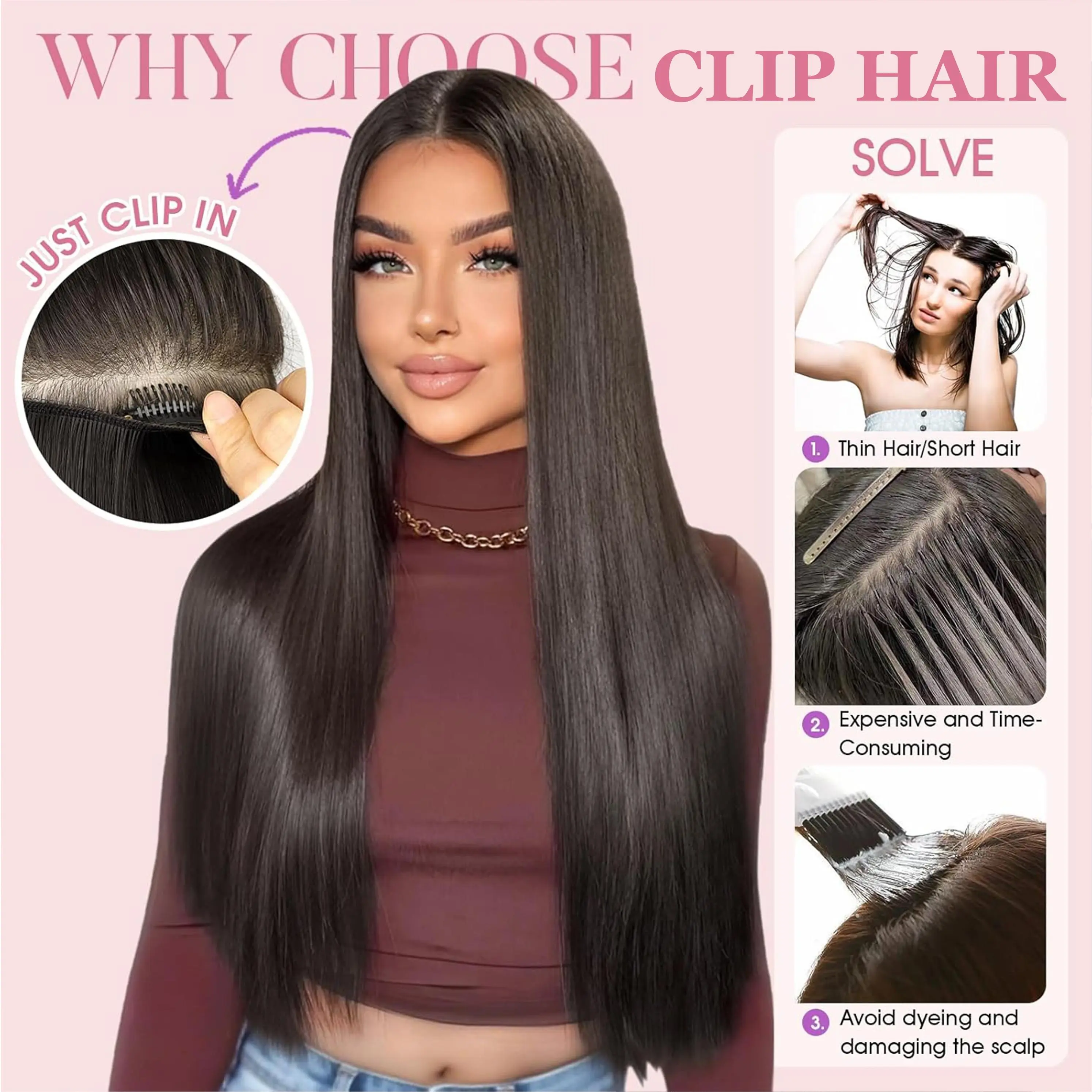 24 Inch Yaki Straight Human Hair Clip In Extensions 6 Piece Set 6-Piece Clip-In Hair Extensions 24inch Invisible Black Clips  main image 2