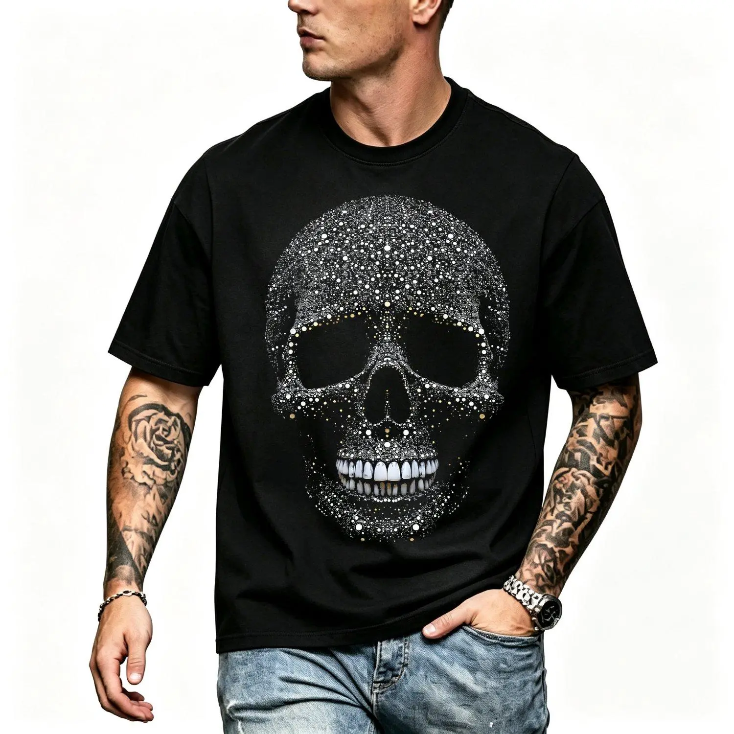 Men Short sleeve T shirts Casual with Crystal Skull Intricate Rhinestone Gothic Design Short Sleeves Teeshirts Graphic Tees Stream Elements Shirt